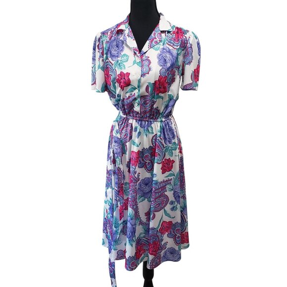 Vintage 80s Floral Paisley Shirt Dress Short Sleeve Size 8P Prairie Romantic - Picture 1 of 8